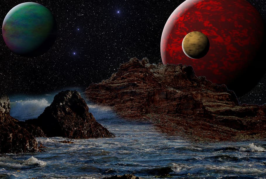 fantasy, night, star planet, rock, water, photo montage, rock - object, space, solid, astronomy