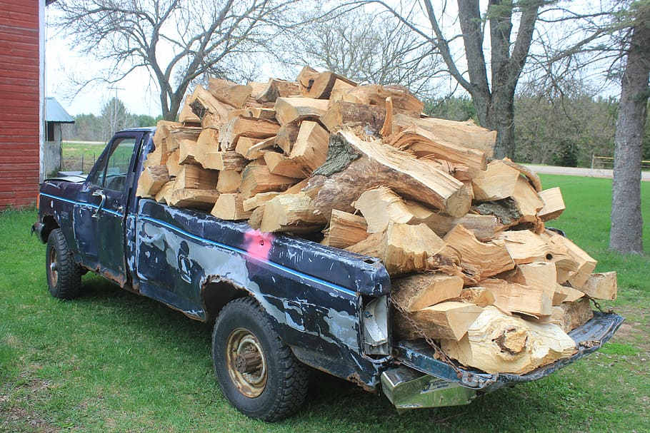 Firewood, Wood, Overload, Pick-Up, woodpile, stack, heap, grass, industry, tree