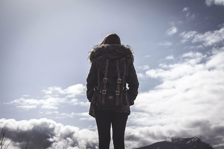 person, wearing, parka jacket, people, woman, travel, bag, adventure, alone, mountain