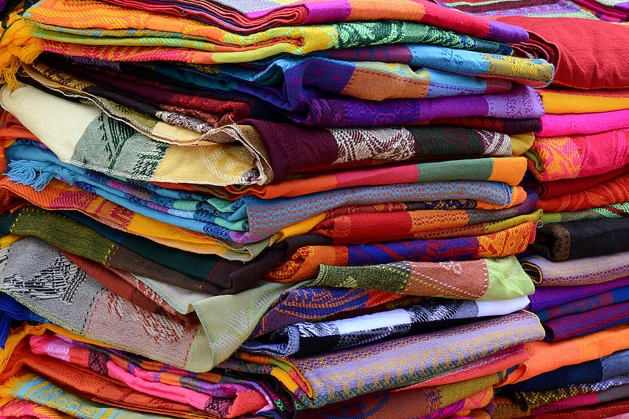 folded, assorted-color textile lot, towels, fabric, woven, colorful, color, pattern, structure, tissue