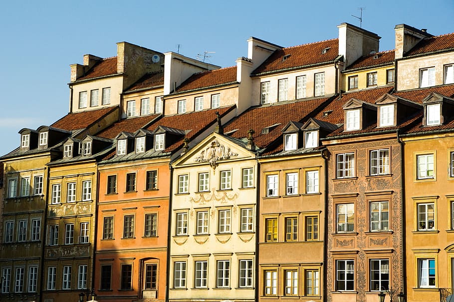brown, white, apartment-type houses, poland, warsaw, old town, facades, architecture, europe, house