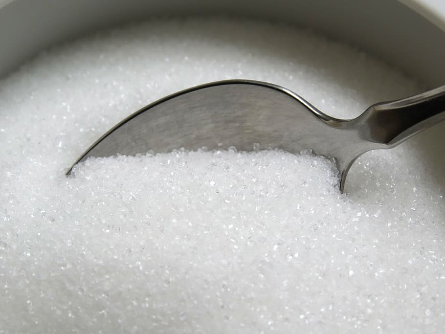 gray, stainless, steel spoon, white, sugar powder, sugar, spoon, cutlery, sweeteners, sweet