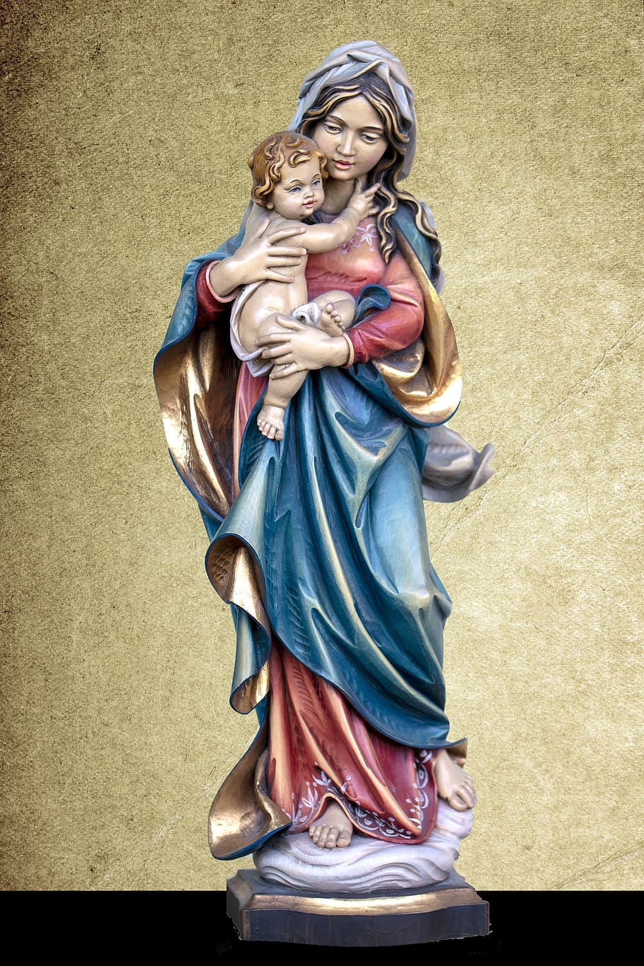patung seni, Maria dengan anak jesus, angka suci - emas, patung, Kekristenan, ibu dari tuhan, mary perawan, tersenyum, representasi manusia, seni dan kerajinan