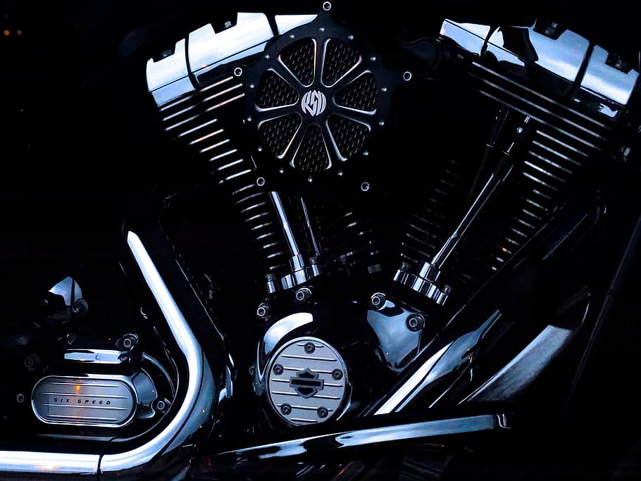 black, silver motorcycle engine, harley davidson, motorcycles, chrome, shiny, metal, motorcycle engine, motor, car