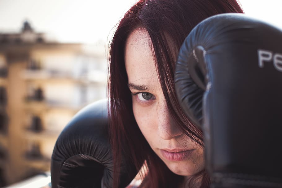 shallow, focus photo, woman, wearing, boxing gloves, people, boxing, sport, hobby, headshot