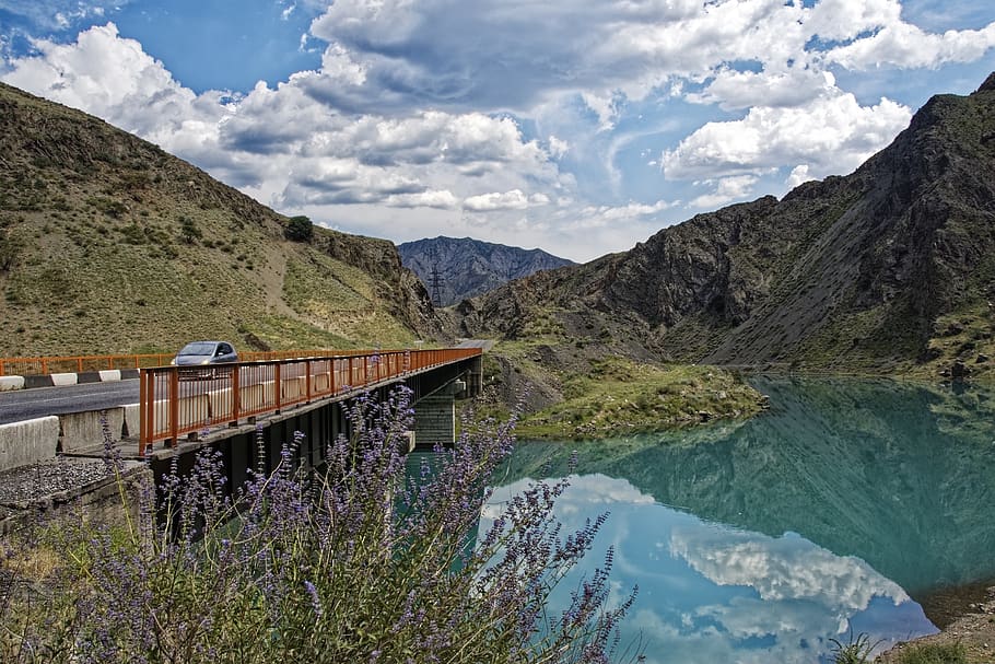 kyrgyzstan, the ferghana valley, naryn, river, water, mirroring, bridge, mountains, valley, landscape