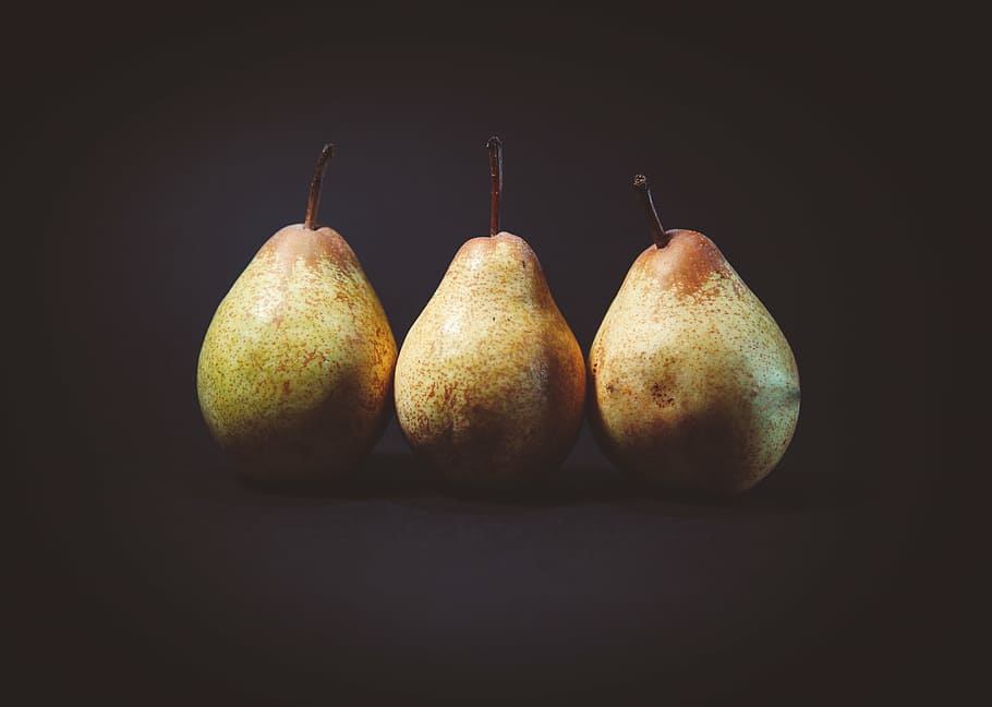 three yellow pears, three, pear, fruit, food, eat, fruits, pears, line, row