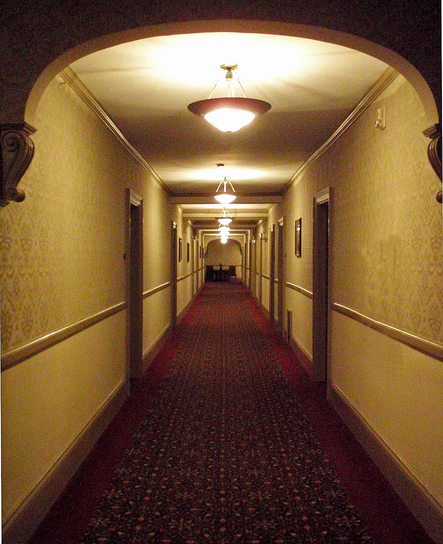 red, hallway runner, door, corridor, path, tunnel, light, entrance, dark, passage