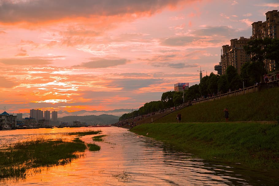 yichang, riverside park, sunset, sky, architecture, built structure, cloud - sky, water, building exterior, orange color