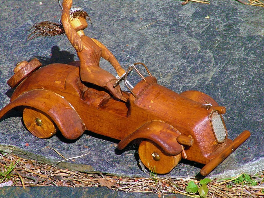 Wooden, Toy Car, Car, Driver, a toy car, car, driver, toy, ornament, garden, old