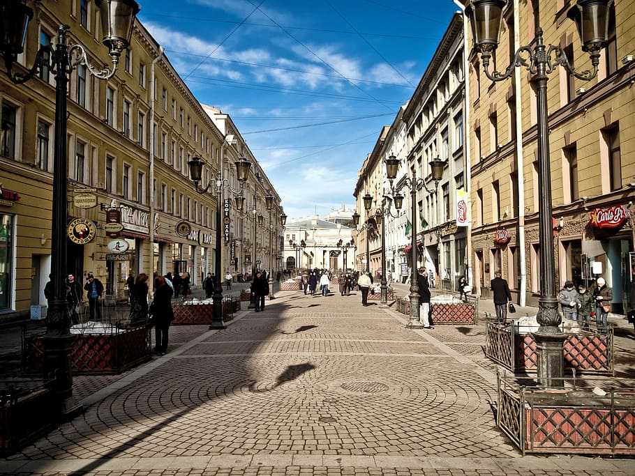 people, standing, St Petersburg, Russia, City, Buildings, st petersburg, russia, shops, stores, architecture