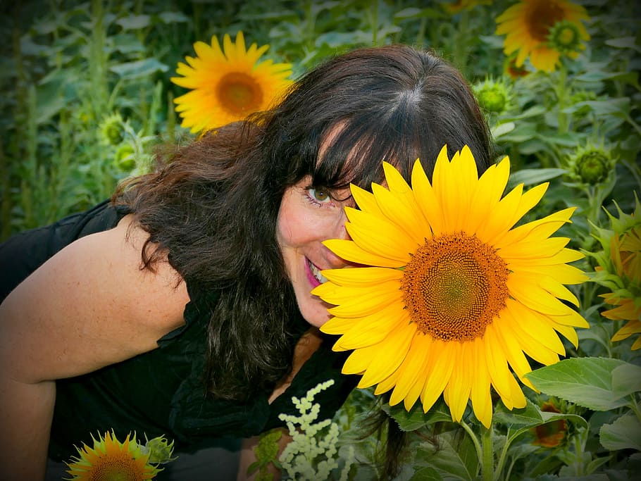 Smile, Woman, Beautiful, Pretty, Pose, sun flower, posing, flower, yellow, sunflower