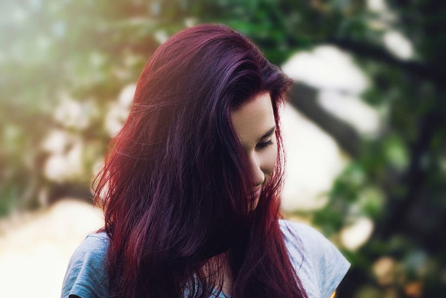nature, trees, people, woman, lady, girl, purple, hair, ombre, long hair