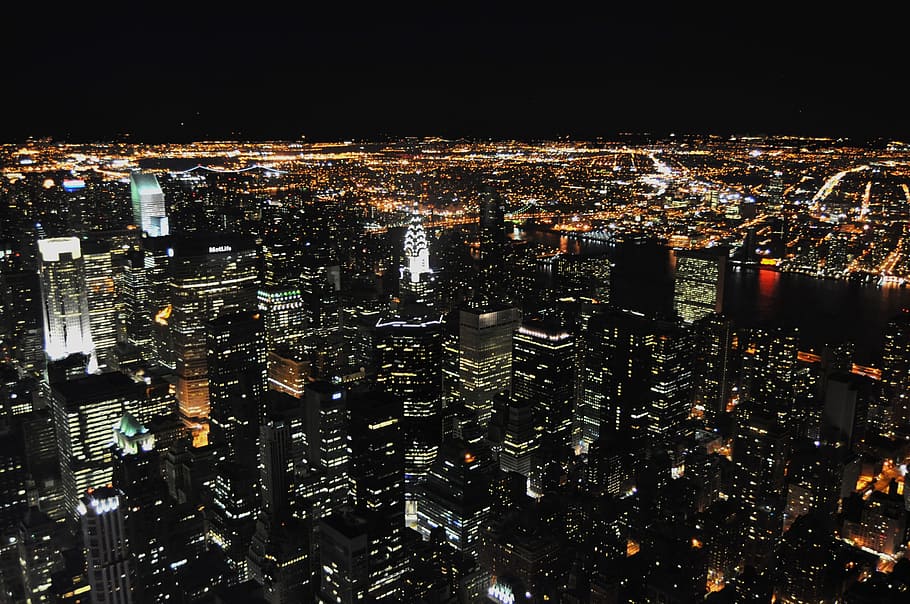 top, view, city buildings, night, new, york, manhattan, skyline, city, chrysler building