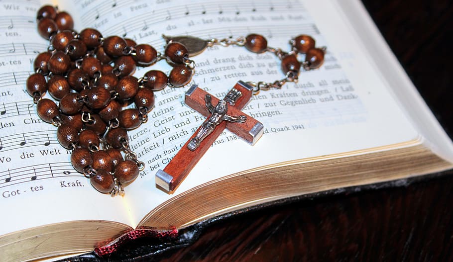 brown, rosary bead, opened, book, cross, rosary, prayer book, gold edge, christianity, faith
