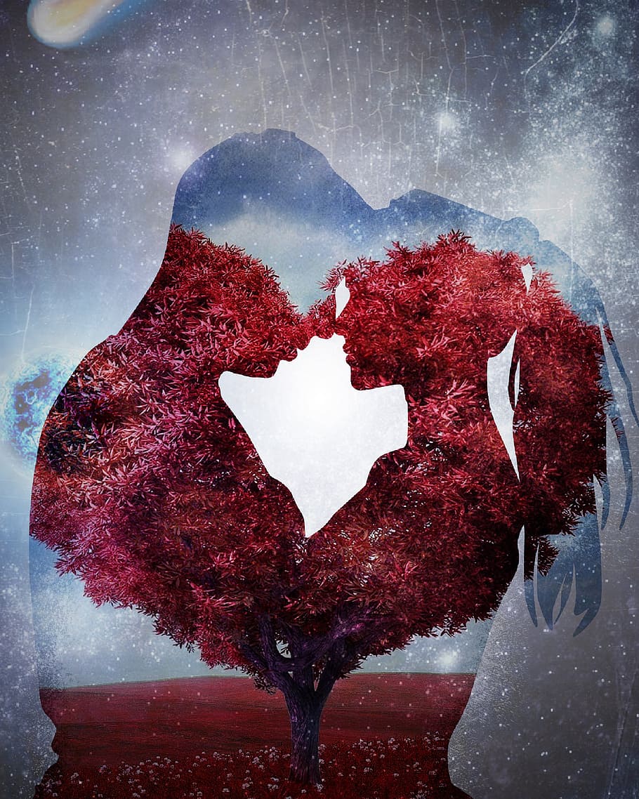 siluet, pria, ilustrasi wanita, cinta, gairah, romantis, romansa, valentine, jantung, merah