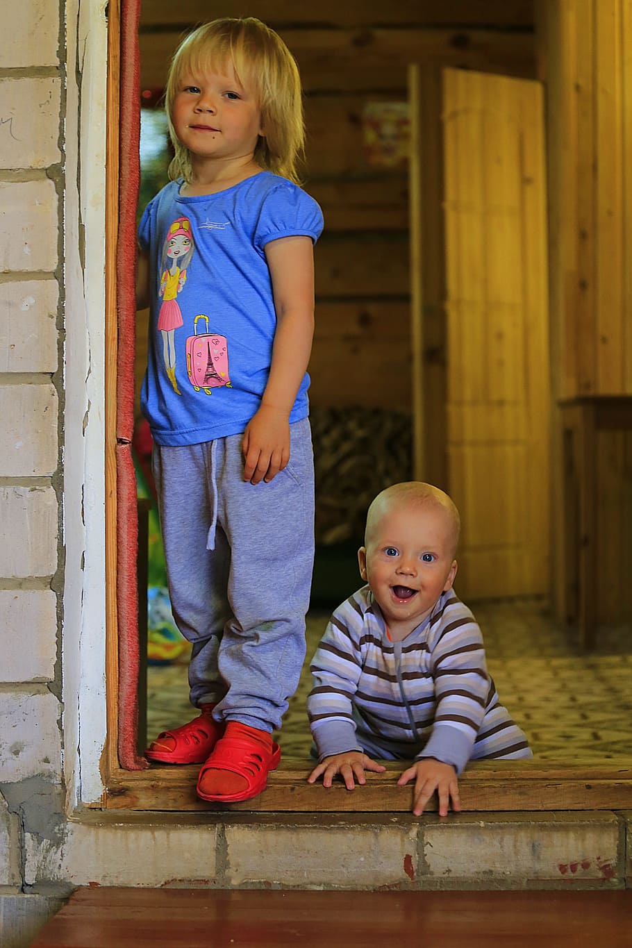 boy, girl, standing, door, kids, brother and sister, nikita and lease, russia, joy, communication