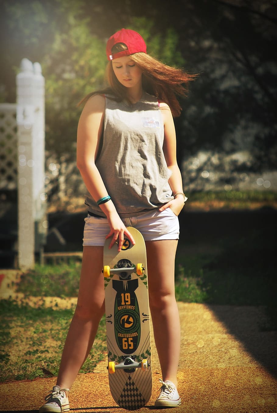 woman, gray, tank, top, holding, skateboard, girl, young, lifestyle, female