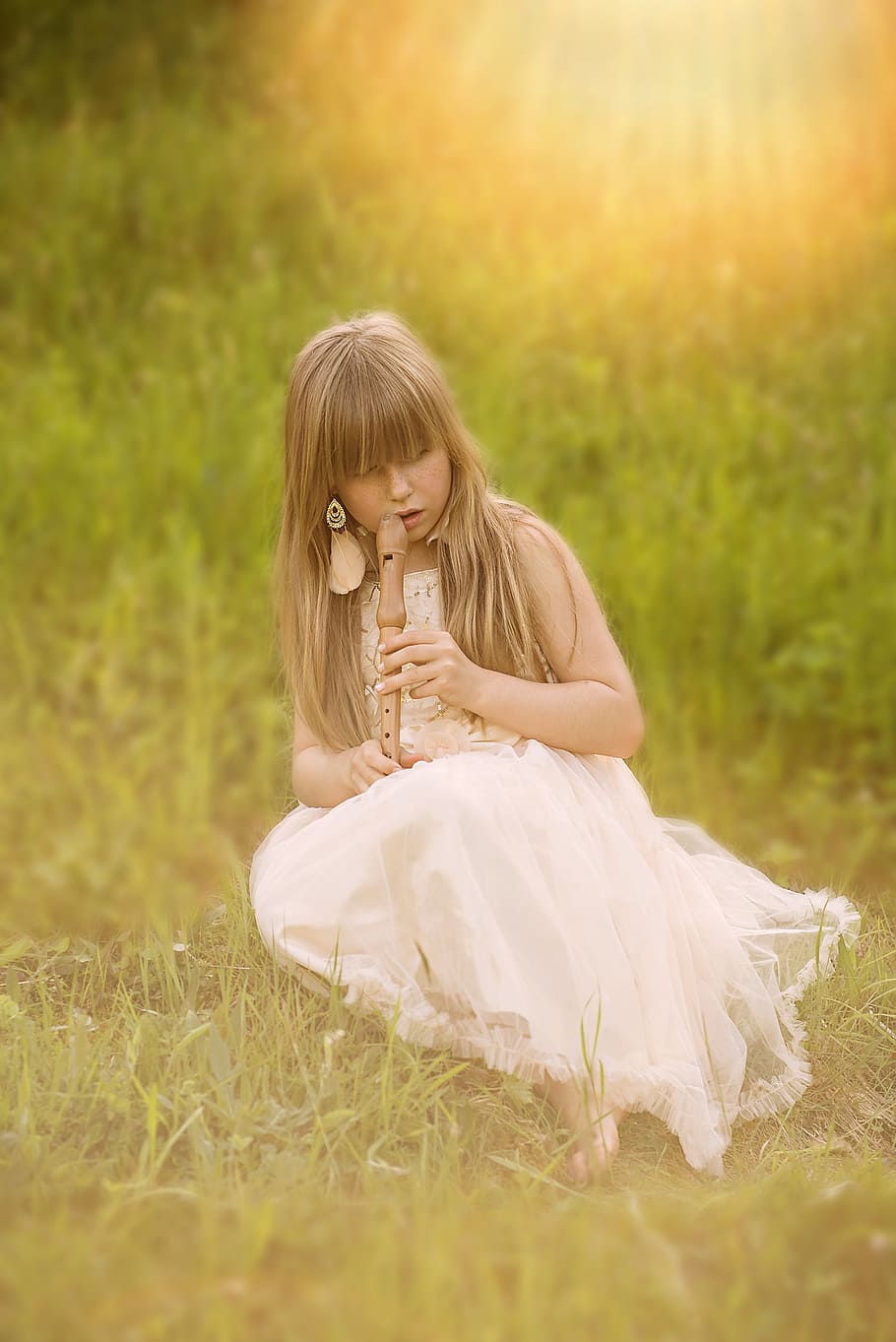 girl, sitting, grass, playing, wooden, flute, music, person, human, child