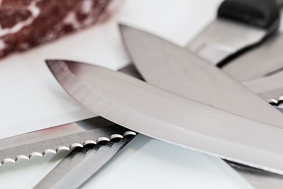 selective, focus photography, kitchen knives, white, surface, knife, serrated, kitchen, slice, blade