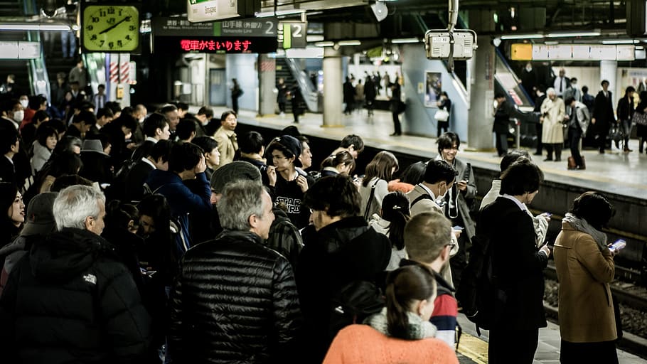 people, men, women, children, family, friend, waiting, train, station, japan