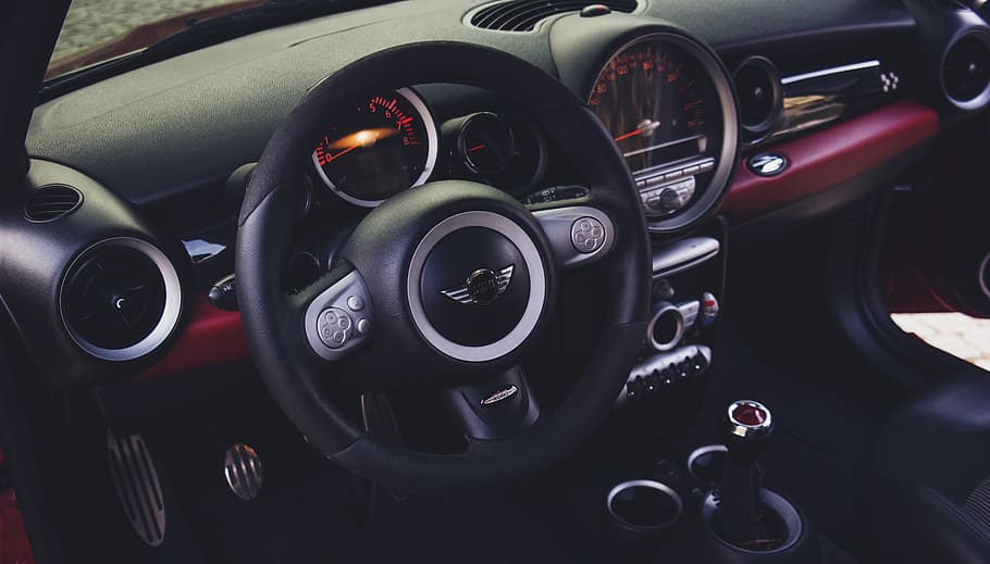 black, gray, mini vehicle, interior, steering, wheel, dashboard, indoor, car, steering wheel