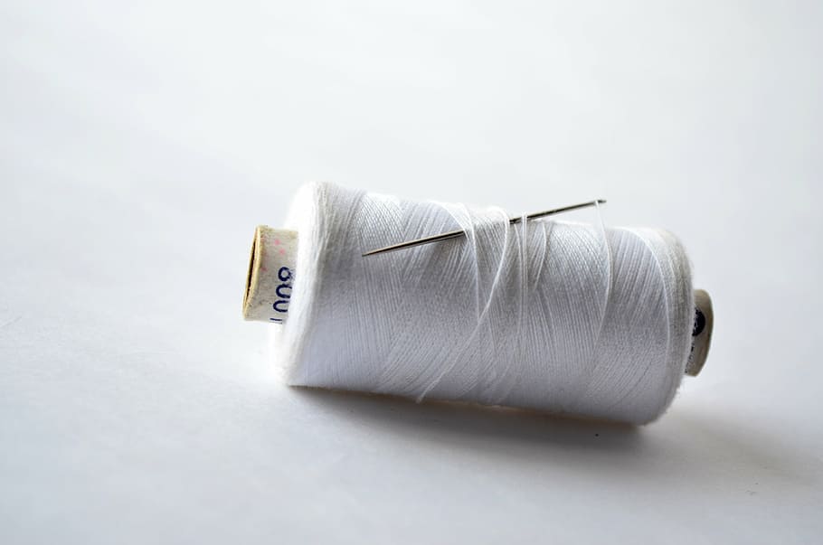 white, thread, surface, spool, needle, sew, yarn, sewing, textile, craft