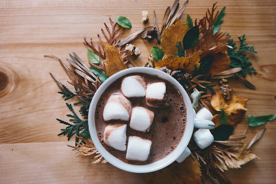 white, ceramic, mug, filled, chocolate, marshmallow, autumn, autumn leaf, autumn leaves, drinks