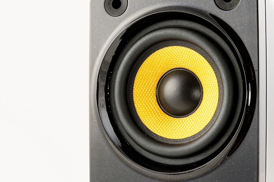close-up photography, black, yellow, speaker, multimedia, speakers, pc speakers, music, hifi, sound
