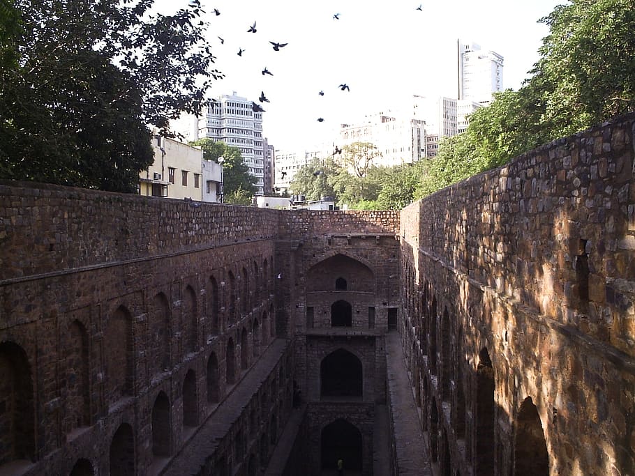connaught place, medieval architecture, stepwell, city, pigeons, delhi, outdoors, history, historic sites, architecture