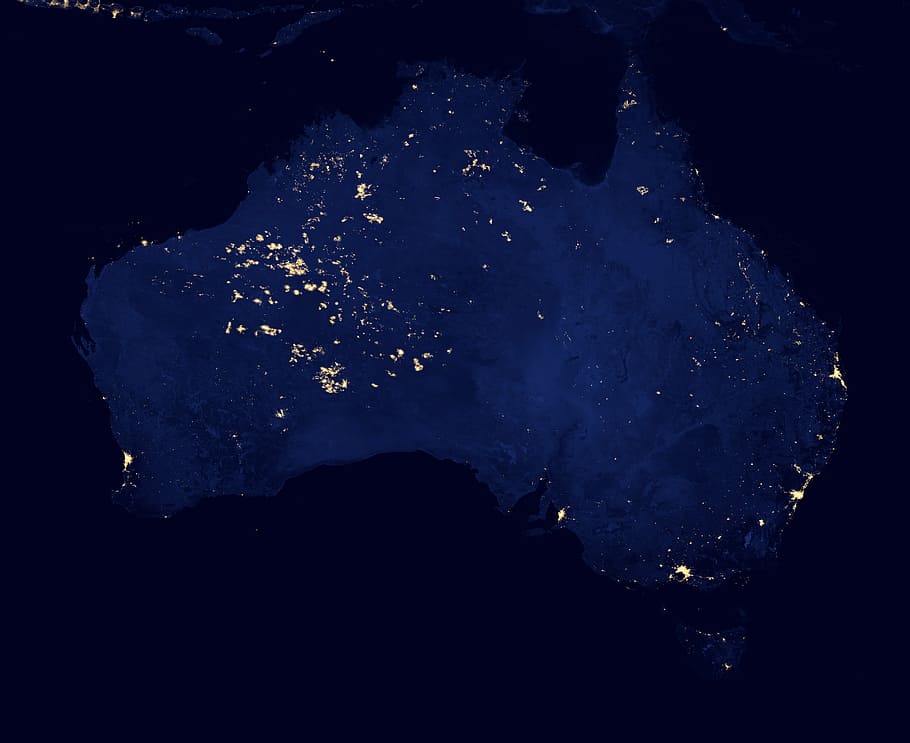 blue, white, cloth, australia, cities, lights, space, night, satellite, map