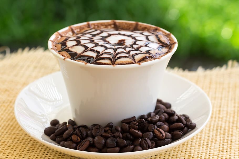 coffee beans, ceramic, cup, daytime, coffee, gourmet, design, spider web, cream, drink