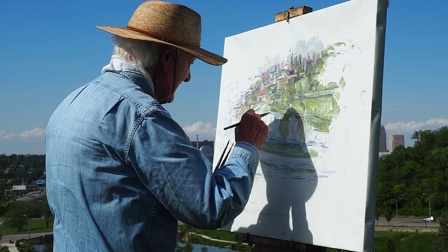 manusia melukis lingkungan, lukisan, lukisan manusia, pelukis, cat, pelukis profesional, lukisan orang bahagia, lukisan orang, penatua, lukisan pria yang lebih tua