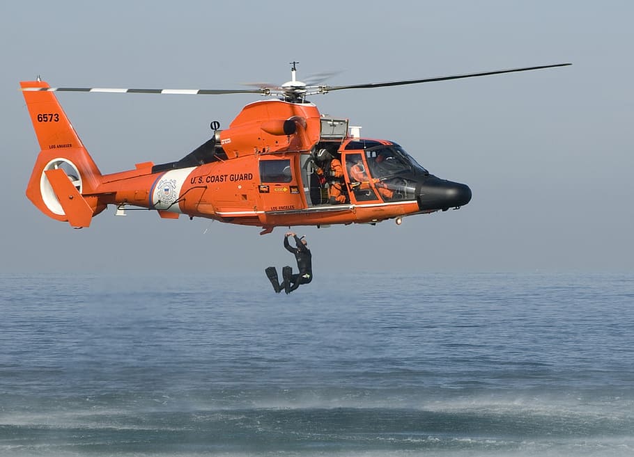orange, rescue helicopter, person, dive, coast guard training, mission, exercise, ocean, rescue, helicopter