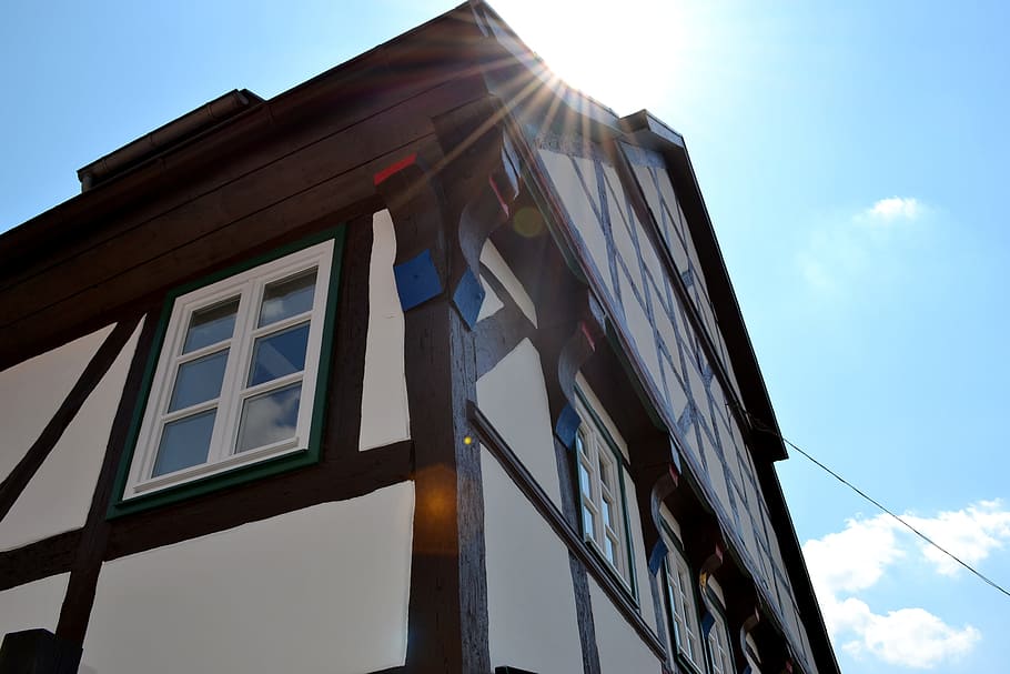 Truss, Home, Building, Facade, home, building, fachwerkhaus, old town, sunshine, low angle view, sky