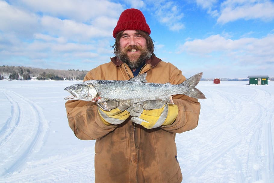 man holding fish, ice fishing, canada, trout, winter, outdoor, lake, cold, frozen, nature