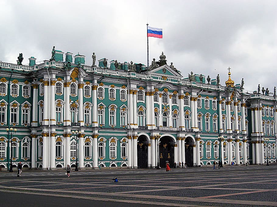 風景写真, 建物, 旗, 冬宮殿, ピーター, ロシア, 建築, 造られた構造, 建物外観, 空