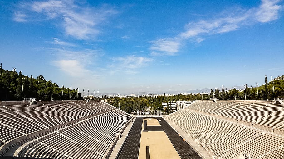 greece, athens, lines, olympic stadium, stage, olympics, shadows, landscape, buildings, architecture
