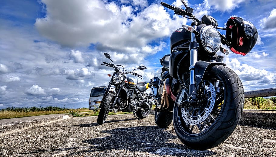 black standard motorcycle, motor, clouds, background, ducati, scrambler, transportation, mode of transportation, motorcycle, sky