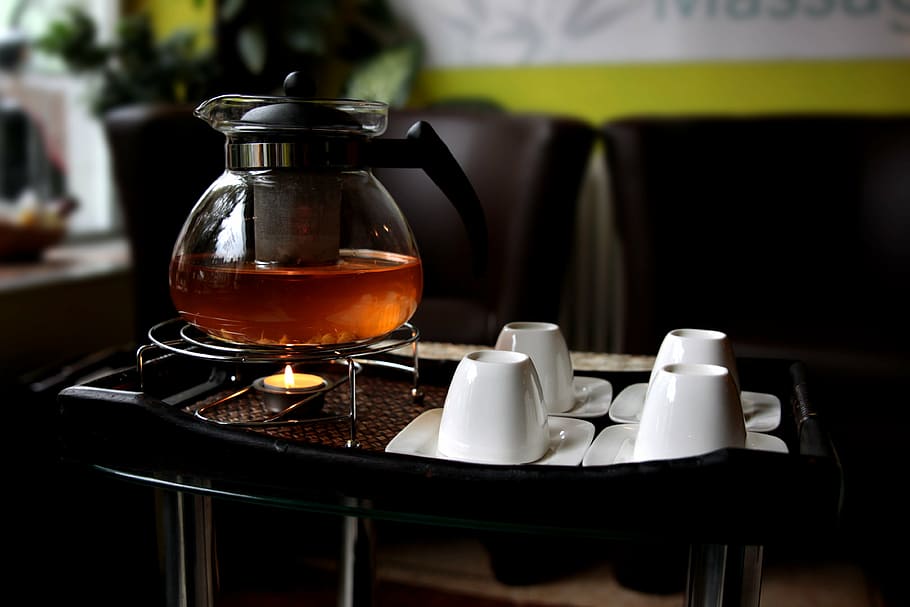 claro, urna de café de vidrio, tazas, té, té de menta, bebida, t, más cálido, jazmín, tetera