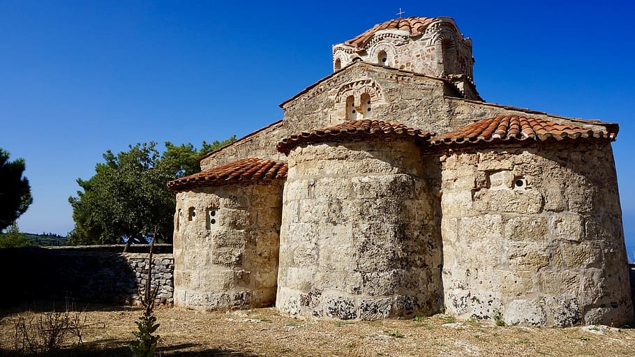 비잔틴, 교회, 오래 된, 그리스, 펠로 폰 네소스 반도, 푸른 하늘, 건축물, 역사, 건축 된 구조, 과거
