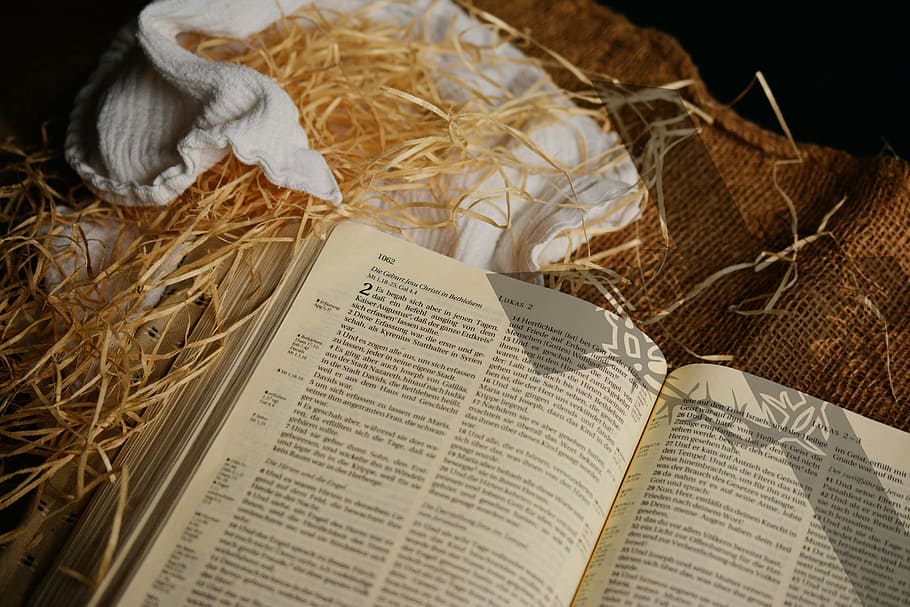 beige, printed, book, brown, textile, bible, christmas story, luke 2, birth of jesus, jesus