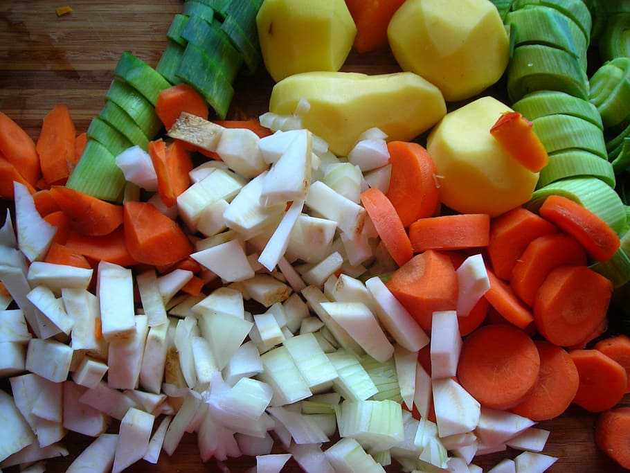 fatiado, variedade, legumes, Sopa de abóbora, Ingredientes, Corte, Cenouras, batatas, verduras, outono