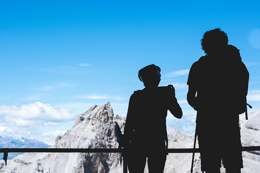 two, persons, overlooking, mountain ranges, silhouette, person, looking, rocky, mountain, top