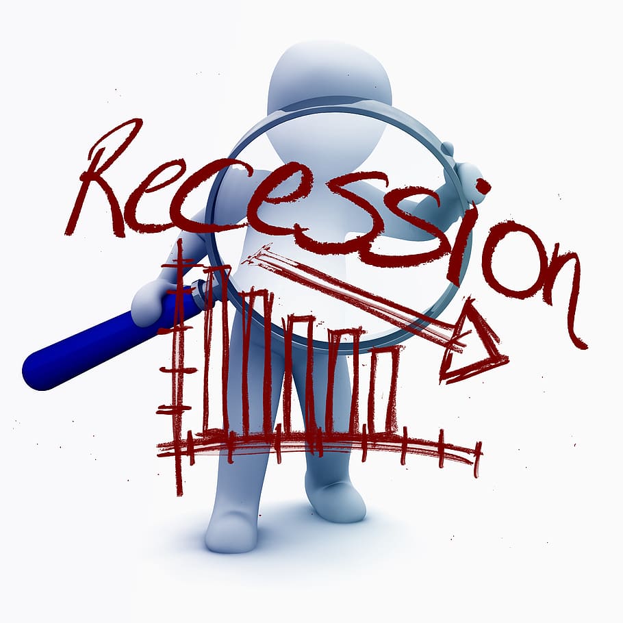 recession, economy, 3d man, magnifying glass, analysis, investigation, depression, production, employment, arrow
