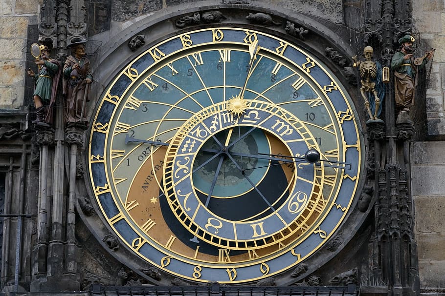 fechar, fotografia, preto, azul, relógio analógico, relógio, história, Praga, arquitetura, diligência