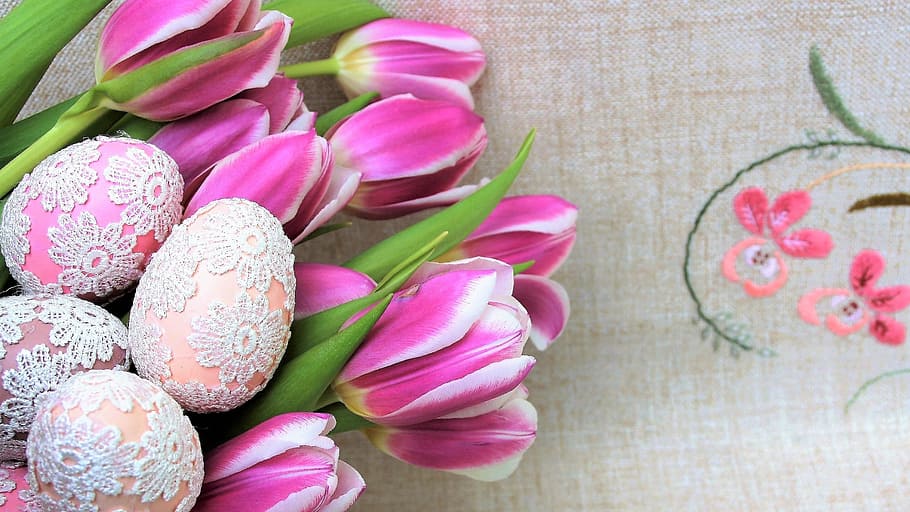pink, tulip flowers, gray, textile, easter, eggs, flower, color, nature, floral