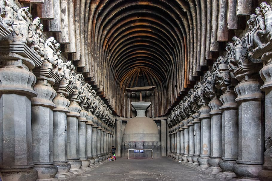 arquitectónico, fotografía, templo, cueva, budista, karla, india, lonavala, maharashtra, pune