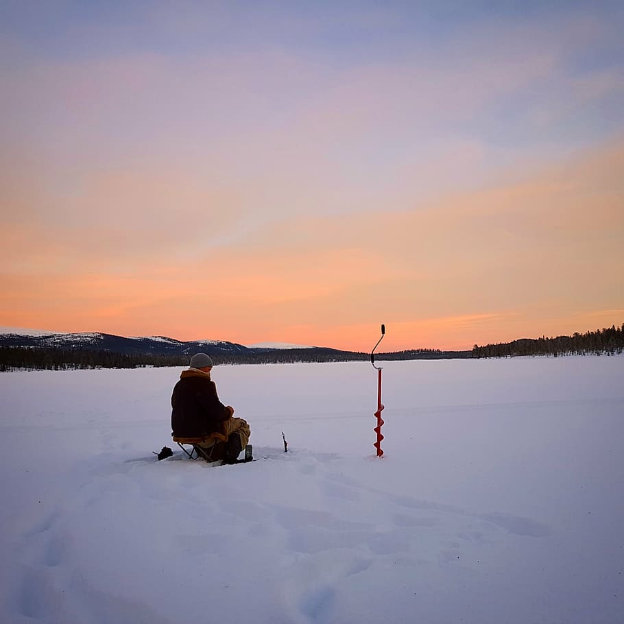 man, sitting, chair, surrounded, snow field, icefishing, fishing, ice, catch, winter