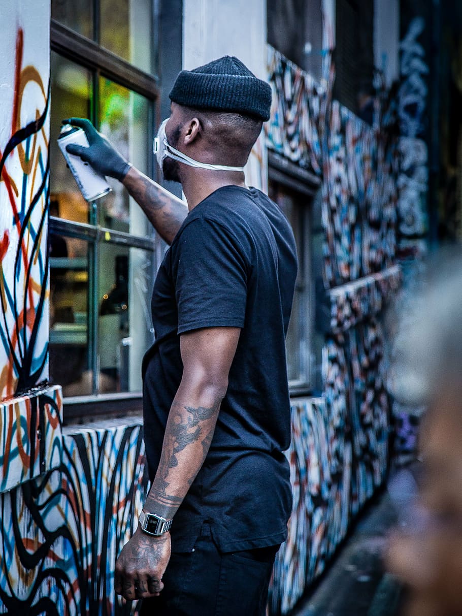man painting, wall, architecture, building, infrastructure, establishment, spray, paint, people, man